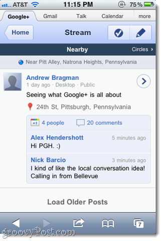 Google+ iPhone'i veebirakenduse ekraanipiltide tutvustus