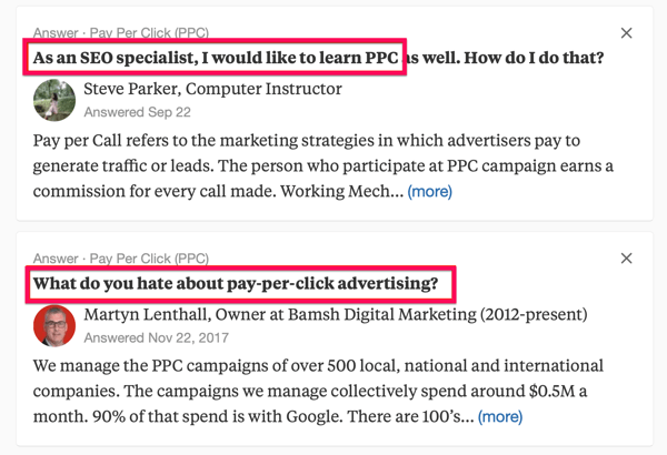 Näide kahest Quora otsingutulemist, sealhulgas otsingutermin 'PPC'.