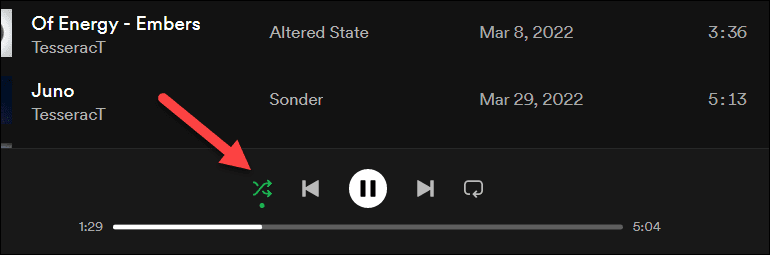 spotify shuffle funktsioon sisse lülitatud