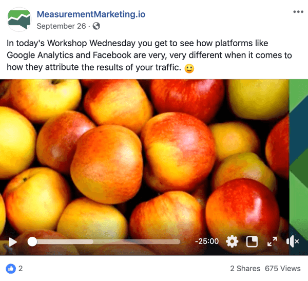 See on ekraanipilt Facebooki postitusest lehel MeasurementMarking.io. Postitus näitab ka videot, mis reklaamib Chris Merceri töökoja kolmapäeviti juhtivat magnetit. Videot vaadanud või klõpsanud kasutajad võivad olla teadlikkuse tõstmise eesmärgi täitnud.