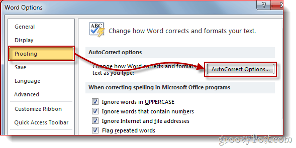 Word 2010 korrektuurimenüü