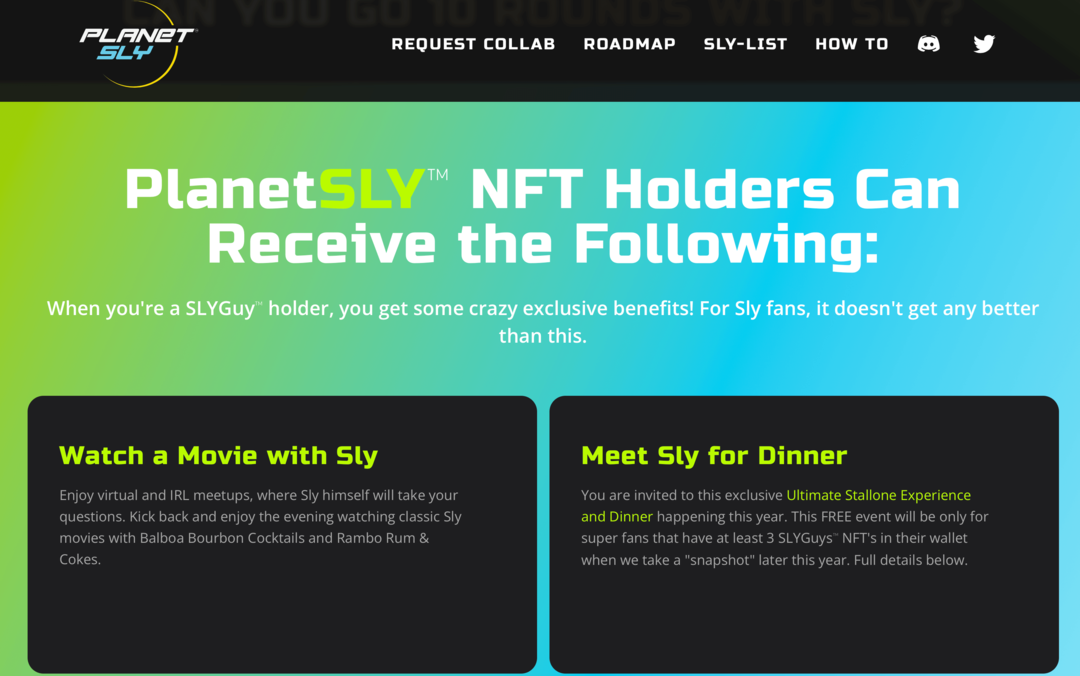 PlanetSly veebisaidi pilt, mis selgitab SLYGuy NFT omanike eeliseid