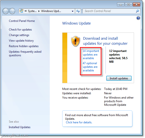 Windows 7 - Windows Update'i leht ekraanipilt
