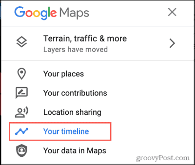 Google Mapsi menüü, teie ajaskaala