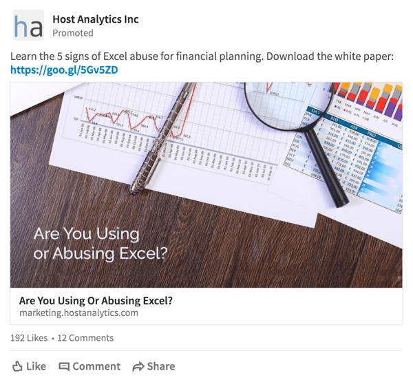 Host Analytics esitab LinkedInis sihtrühmale allalaadimispakkumise.