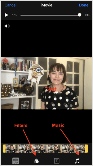 IMovie filtrite ja muusika lisamiseks puudutage ekraani allosas olevaid tööriistu.