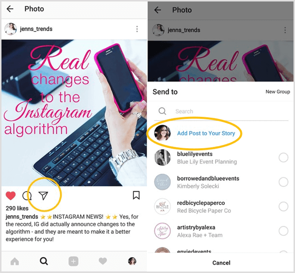 Otsige valikut Lisa postitus oma lugu, et näha, kas teil on juurdepääs Instagrami edasijagamise funktsioonile.