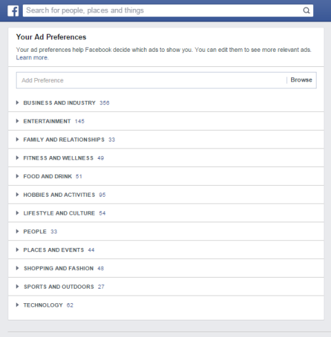 facebooki reklaamieelistuste kategooriad