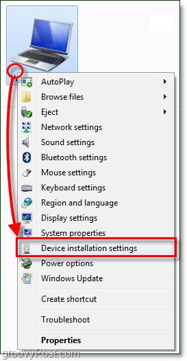 Windowsi 7 kontekstimenüüs ja minge seadme installiseadete juurde