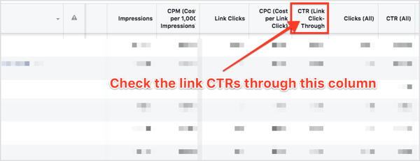 Kerige juhtpaneeli jaotises Reklaamikomplektid paremale ja leidke veerg CTR (lingi klikkimise kaudu).
