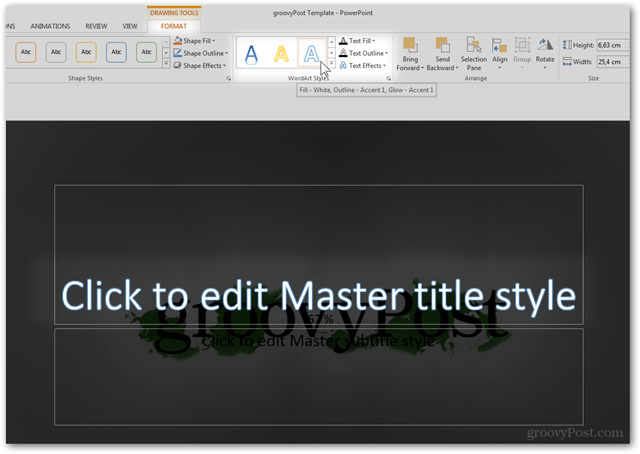 Office 2013 malli loomine Kohandatud kujunduse muutmine POTX-i slaidide kohandamine Sissejuhatus WordArt-stiili fondi värvi atribuutide teksti eelseade redigeerimine