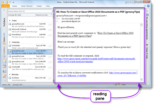 Kuidas muuta vaikimisi lugemispaneeli asukohta rakenduses Outlook 2010 ja muuta e-kirjad hõlpsamini loetavaks