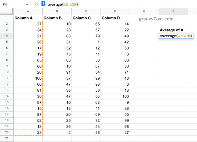 Google'i arvutustabelites kasutatav funktsioon AVERAGE