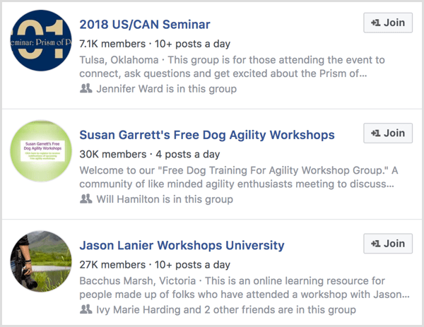 näited ürituse külastajatele mõeldud Facebooki gruppidest