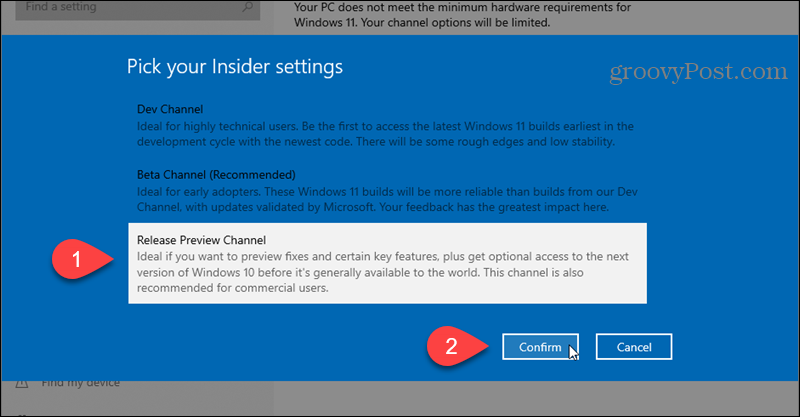 Valige programmi Windows Insider jaoks Release Preview Channel