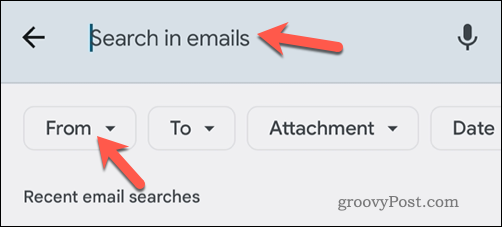 Gmaili meilide otsimine mobiilirakenduses meili teel