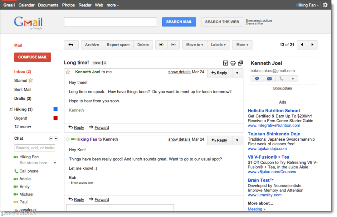 Gmaili eelvaate vestluse teema