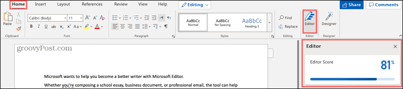 Microsofti redigeerija nupp ja külgriba Wordi veebis