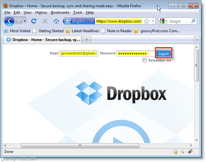 Dropboxi ekraanipilt - logige sisse dropboxi
