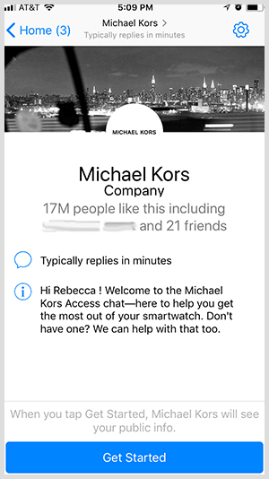 Michael Korsi sarnase Messengeri botti kasutamiseks klõpsake kasutajatel nuppu Alusta.