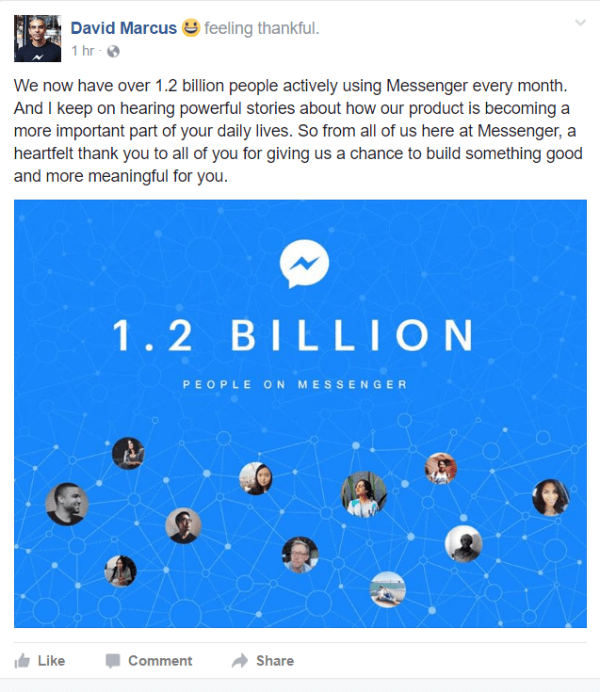 Facebook paljastas, et praegu kasutab Messengeri igal kuul aktiivselt üle 1,2 miljardi inimese.