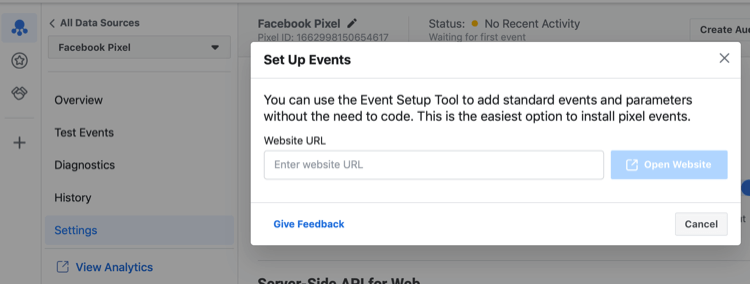 Facebooki sündmuse seadistamise tööriist