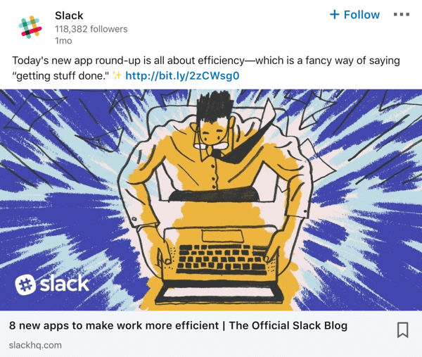 Slack LinkedIni ettevõtte lehe postituse näide.