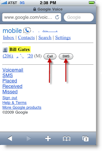 Google Voice Mobile Helistage või saatke SMS-tekstisõnum