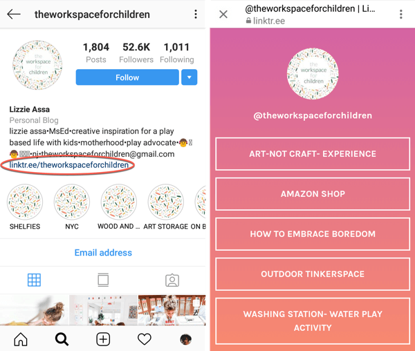 Instagrami lingi lisamine või jagamine, näide 3.