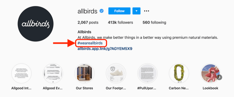 näide ettevõtte hashtagist, mis on lisatud @allbirds instagrami konto profiilikirjeldusse