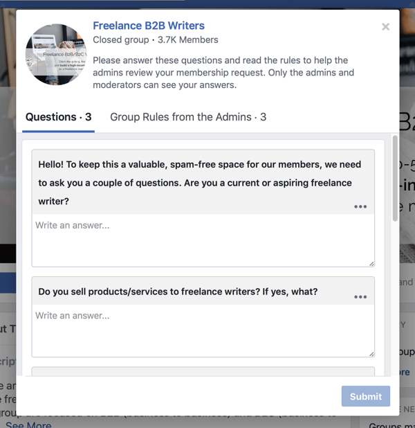 Kuidas parandada oma Facebooki grupi kogukonda, näide vabakutseliste B2B kirjanike Facebooki grupi uute liikmete küsimustest