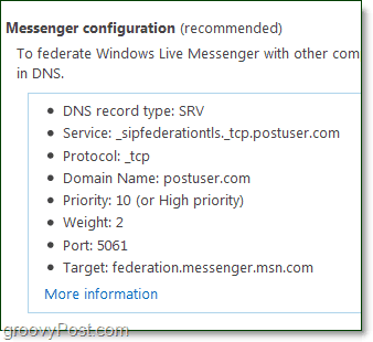 seadistage Messengeri konfiguratsioon Windows Live Messengeri kasutamiseks oma domeeniga