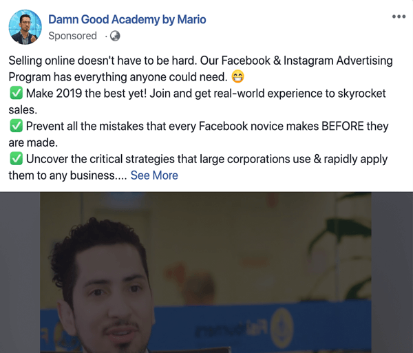 Kuidas kirjutada ja struktureerida pikema vormi tekstipõhiseid Facebooki sponsoreeritud postitusi, 1. tüüpi probleem ja lahendus, näide Mario Damn Good Academy