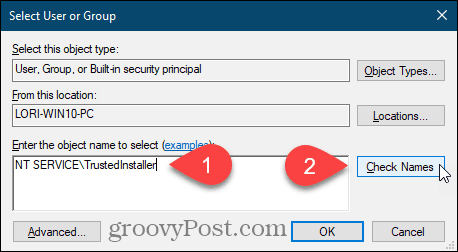 Sisestage kasutajanimi ja klõpsake Windowsi registrivõtme leidmiseks nuppu Kontrolli nimesid