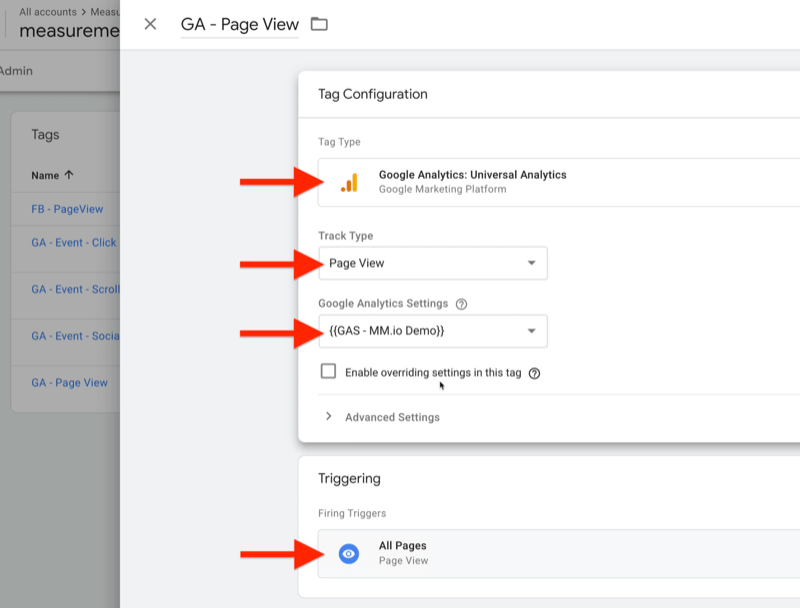 näide Google'i märgendihalduri sildikonfiguratsioonist, mida nimetatakse ga - lehevaateks, kus märgendi tüübiks on määratud google analytics: universal analüütika, lehe vaatena raja tüüp, Google'i analüüsi seaded kui {{gas - mm.io demo}}, käivitamise päästikud on määratud kõigile lehekülgi