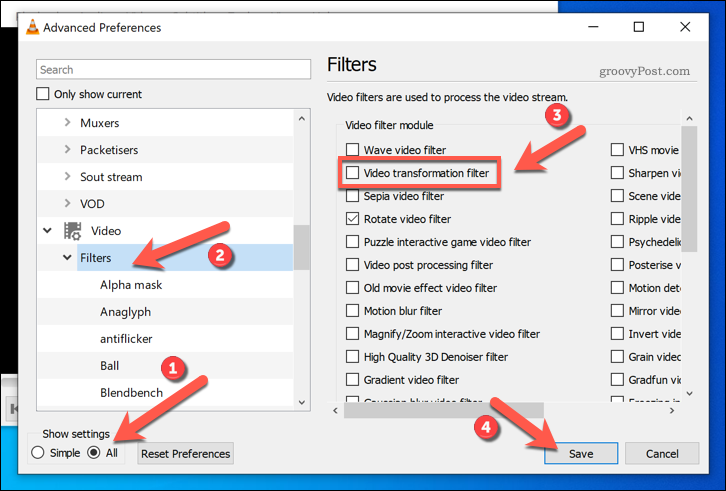 Videotransformatsiooni filtrite lubamine VLC-s Windowsis