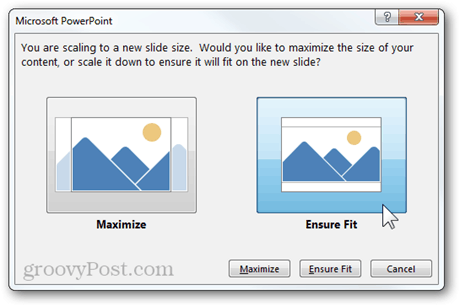 uue suuruse muutmine kuvasuhtega powerpoint 2013 funktsioon maksimeerib, et tagada sobivus