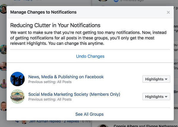 Facebook vähendab segadust aktiivselt, näidates kasutajatele vähem teatavate rühmade märguandeid.