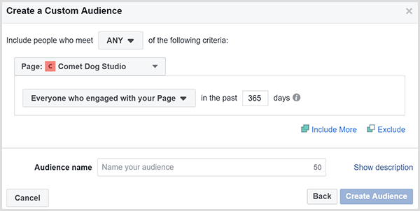 Dialoogiboks Facebooki kohandatud vaatajaskonna loomine võimaldab teil sihtida reklaame inimestele, kes teie veebisaidiga teatud aja jooksul tegelesid.