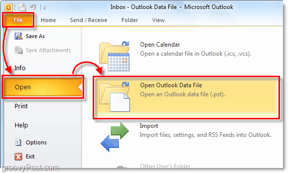 avage kaust, mis sisaldab teie arhiivi pst-faili Outlook 2010-st