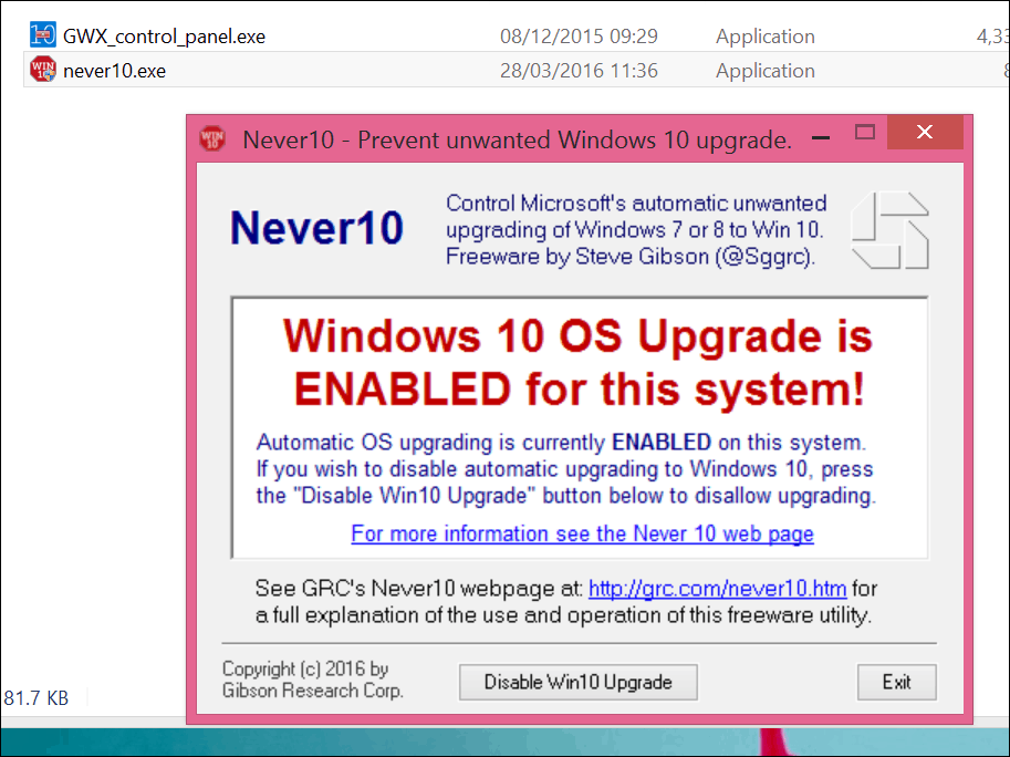 Peatage Windows 10 versiooniuuendus rakendusega Never 10 või GWX App ise