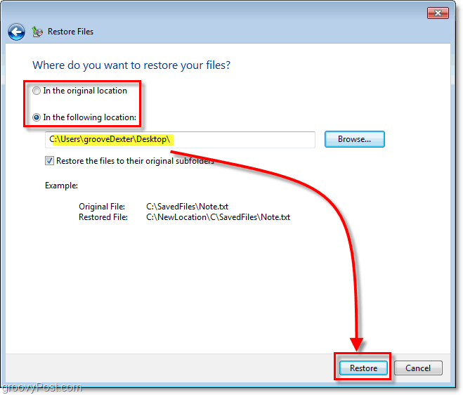Windows 7 varundus - valige taastatud failide sihtkoht