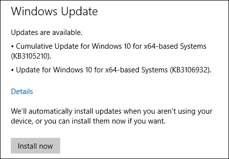 Windows 10 värskendused KB3105210 KB3106932