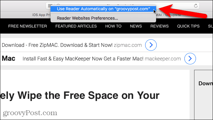 Kasutage rakendust Reader automaatselt rakenduses Safari Mac
