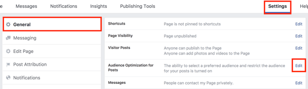 Klõpsake oma Facebooki lehe seadetes nupul Redigeerimine, mis asub paremal valikust Publiku optimeerimine postituste jaoks.