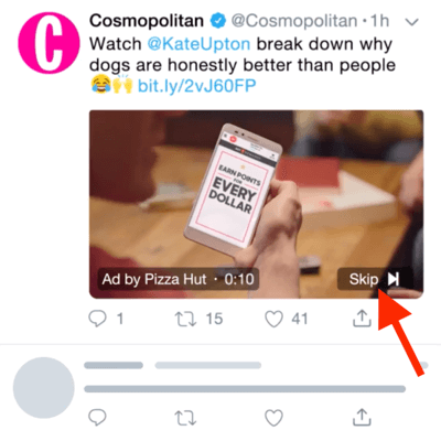 Näide Twitteri videoreklaamist võimalusega reklaam 6 sekundi pärast vahele jätta.