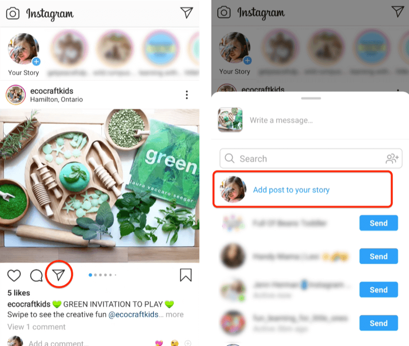 näide @ecocraftkids'i Instagrami postitusest, kus on näidatud mitu looduslikust puidust roogadega asetatud rohelist keskkonda ja instrumendid, mis tõstavad esile paberlennuki ikooni koos postituse lisamisega oma loo menüüvalikusse esile tõstetud