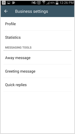 Juurdepääs sõnumside tööriistadele WhatsApp Businessi lehel Ettevõtte seaded