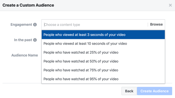 Võimalus luua Facebooki reklaami kohandatud vaatajaskond inimestest, kes vaatasid osa teie videost.