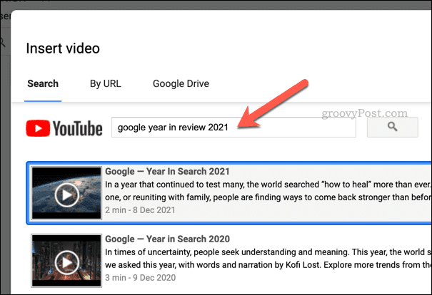 Google'i arvutustabelites video otsimine